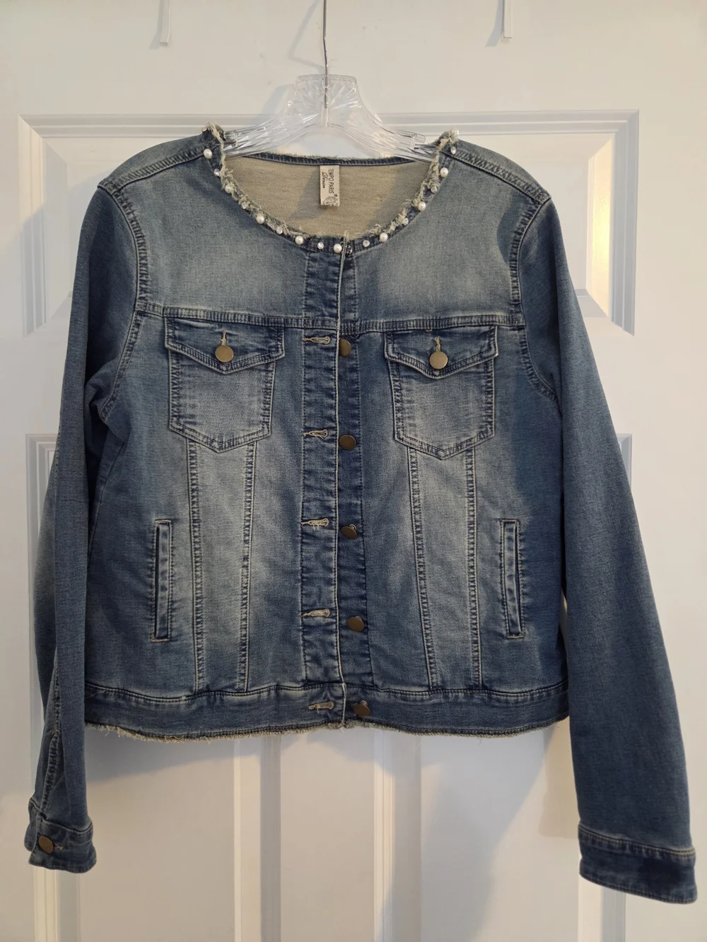 Women’s Light Wash Denim Jacket with Beaded Collar